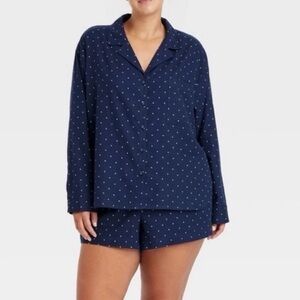Auden Navy Polka Dot Flannel Pajama Set 2pc Long Sleeve Shorts XXL